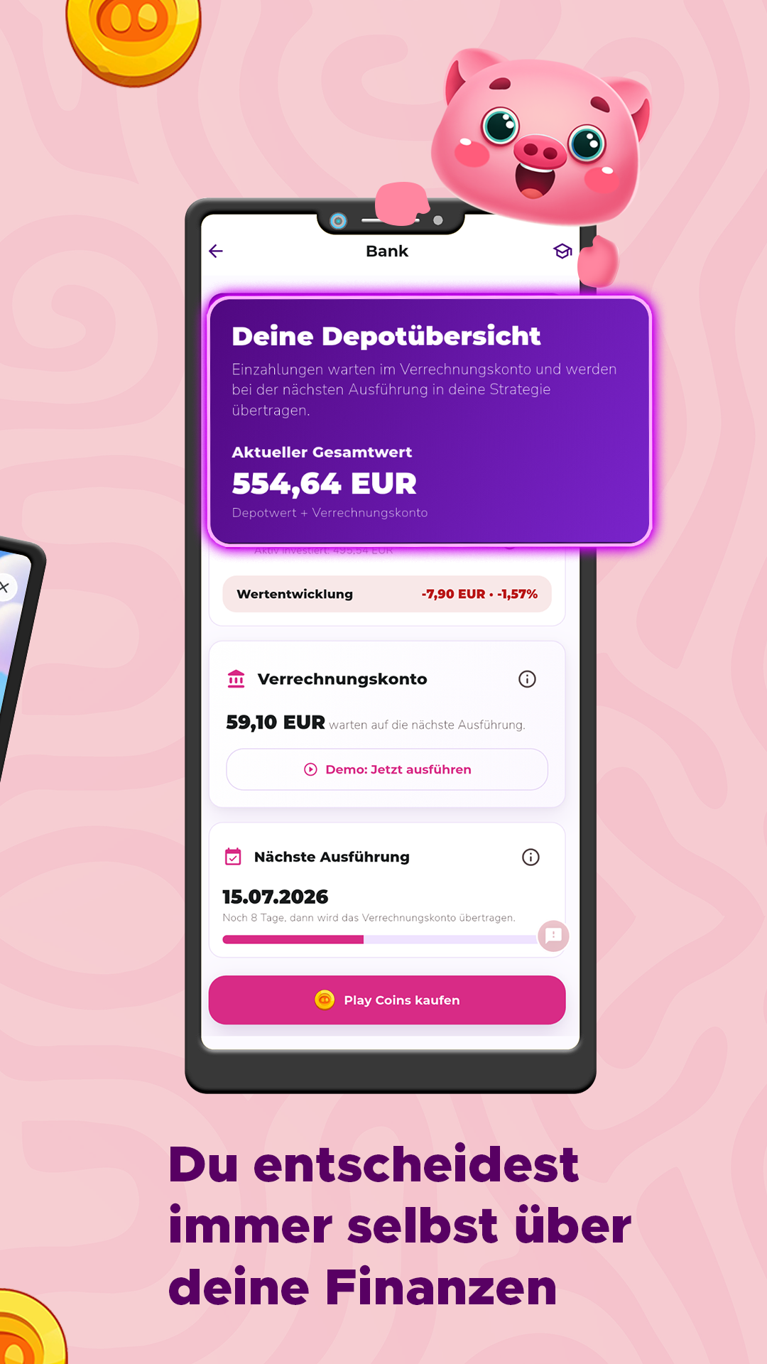 Store-Grafik „Du entscheidest immer selbst über deine Finanzen“ mit Finpet und einer Depotübersicht.